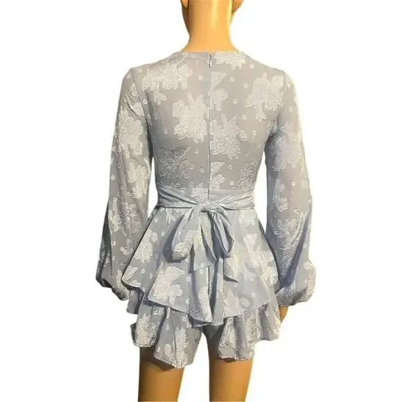 Mi Ami Women's XS Blue Floral Long Sleeve Romper V-Neck - Picture 6 of 7